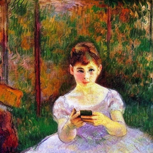 AI and MBA students. DeepAI generated image in impressionist style of a ballerina holding a smartphone.
