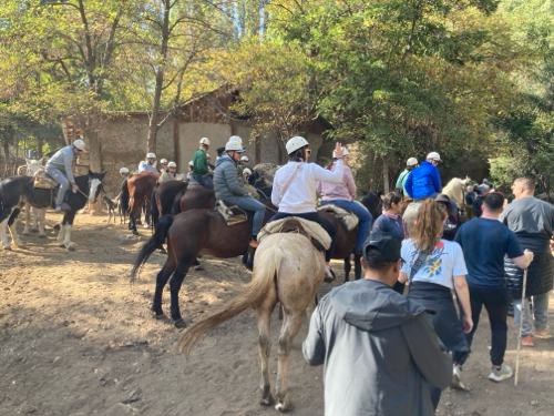 Students leaving for hiking tralis and horseback rides in Andes mountains, Chile